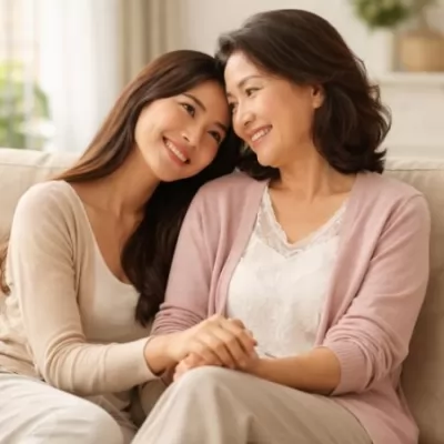 seorang wanita memeluk ibunya suasana bahagia